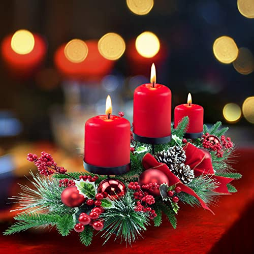 YULETIME 28 Christmas Triple Candelabrum, Holiday Candle Holder with Three Trays, Red Baubles, Natural Pine Cones, Red Berries, Green Leaves Holly, Spruce Branches, Pine Needles