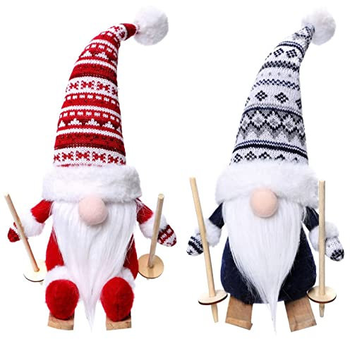 KAHEIGN 2 Piezas Gnomos Esquiadores Navideños, Muñeco de Peluche Gonk Tejido a Mano Gnomos Suecos Tomte Enano Elfo con Madera Esquís y Bastones de Esquí por Chimenea Fiesta Decoración (35CM x 15CM)
