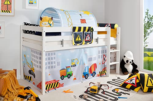 TiCAA Hochbett Oskars Baustelle inkl. Zubehör Kiefer weiß