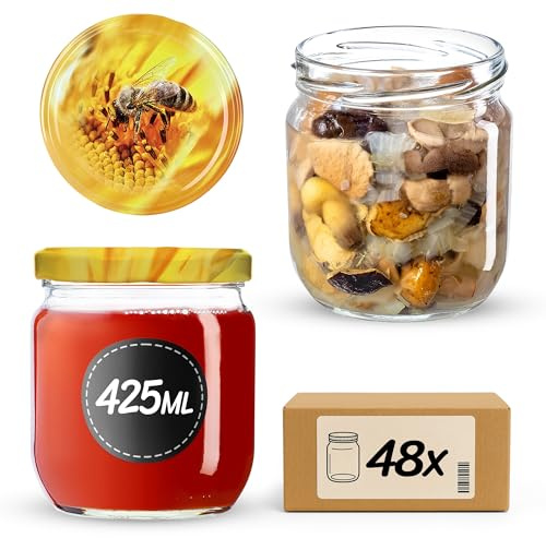 KADAX 48er Set Einmachgläser 425ml TO82 Biene, Sturzgläser Mason Jar mit Schraubdeckel, Luftdichte Twist-off Gläser, Meal Prep, Overnight Oats, Sauerteig