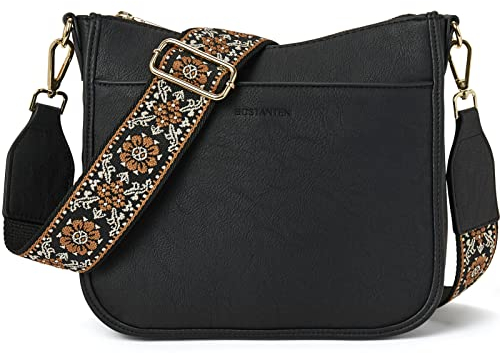 BOSTANTEN Handtasche Damen Mittelgroß Umhängetasche Crossbody Bags Leder Schultertasche für Frauen Shopper Tasche mit Verstellbarem Farbigem Riemen Schwarz