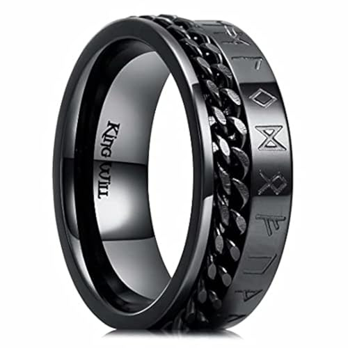 King Will 8mm Black Chain & Viking Runes Spinner Ring Stainless Steel Fidget Gear Spinner Women Relief Adults Male Stress Ring Anxiety Ring For Men 14