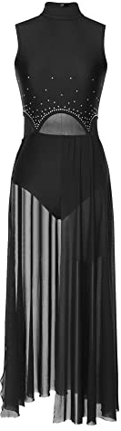 iEFiEL Damen Tanzkleid mit Strass Mesh Ballettkleid Ballett Trikotanzug Jumpsuit Tanzbody Overall Gymnastik Tanzkostüm Wettbewerb Schwarz S
