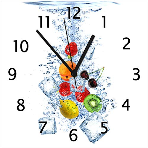 Wallario Design Wanduhr Obst-Eiswürfel-Mix im Wasser mit weißem Hintergrund aus Echtglas, Größe 30 x 30 cm mit schwarzen Zeigern