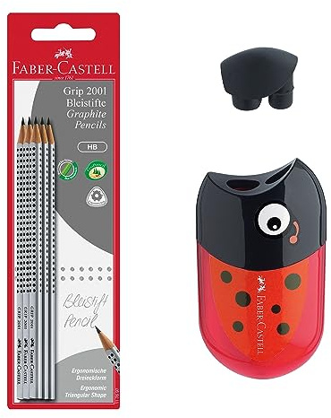 Faber-Castell - Schreibset mit Bleistiften und Käfer Spitzer | Mit 6 HB Bleistiften und Anspitzer mit integriertem Radiergummi für Schule und Alltag