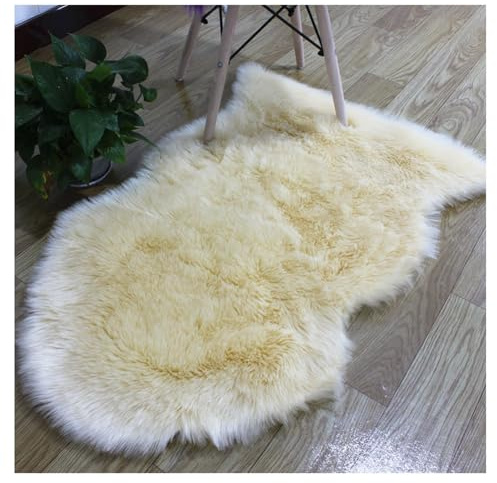 Hrlace Lammfell Schaffell Kunstfell Teppich - Longhair Weiche Flauschig Stuhlauflage Nachahmung Wolle Bettvorleger Sofa Matte für Stuhl Schlafzimmer Beige 60x90cm