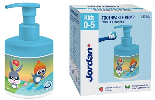 Jordan ® | Kinder-Zahnpastapumpe | Zahnpasta auf einem Pumpspender entspricht 3 normalen Tuben | Innovative und Bequeme Lösung für Kinder entwickelt | 0-5 Jahre | 1000ppm | Erdbeere | 150ml