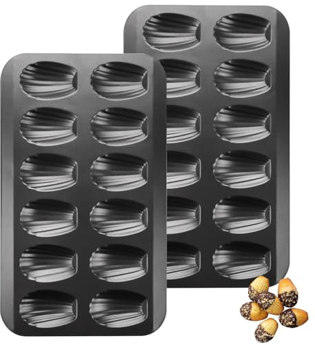 VIDETOL 2 PCS Carbon Steel Madeleines Baking Tray, 40 x 22.8 x 1.5 cm Non-Stick Madeline Trays, Black Cake Moulds with 12 Hole for Baking