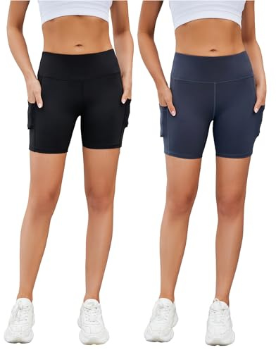 AHLW Pantalones cortos de entrenamiento suaves con bolsillos para mujer, cintura alta, cómodos, elásticos, atléticos, yoga, correr, ciclista, Paquete de 2 (Negro+Gris oscuro), Large