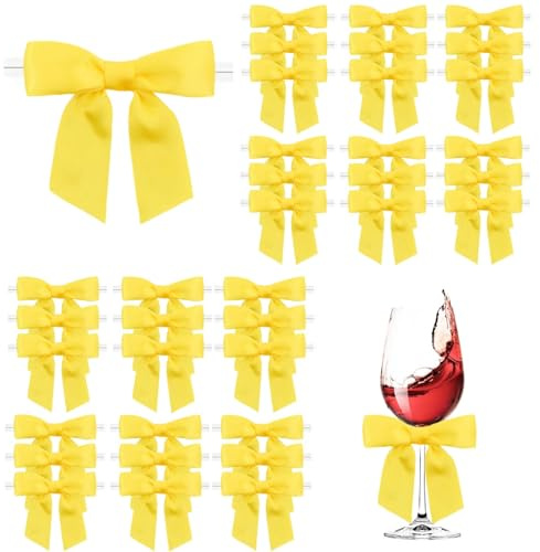 Dooozy 36 Stück 9cm Satin Schleife, Mini Geschenkschleifen aus Vorgebunden Schleifen Satinband für Geschenk DIY Keks Bonbontüten Weihnachtsbaum Hochzeitsdeko(Gelb)