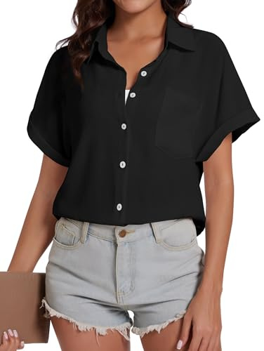 Kiiwah Blus, kortärmad damer för sommar, ledig skjortblus, kortärmad med ficka, nedfälld manschett, kortärmad blusskjorta med knapp, solid skjortblus, elegant för damer, svart, XXL