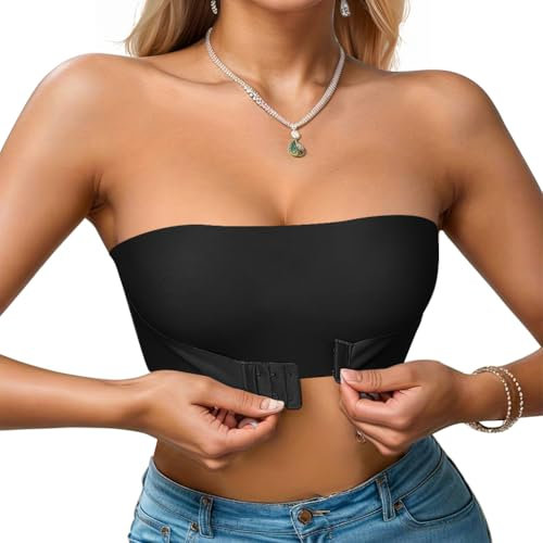 Sexy Code 1701 Women's Strapless Bandeau Bra Front Buckle Women Non Padded Top Tube Bras Wireless Bralettes Bandeau Seamless Bras(D452+D130,Black,M)