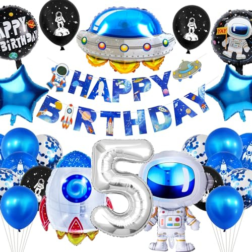 YianHien Astronaut Kindergeburtstag Deko 5 Jahre, 25 Stück Weltraum Theme Party Geburtstag Luftballons Set für 5 Jahre Kinder, XXL Raketen Raumschiff Astronaut Folienballon mit Happy Birthday Girlande