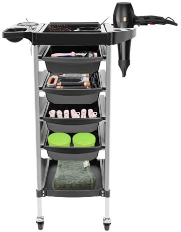 Friseurwagen, 6 Tier Friseur Arbeitswagen, Stapel Salon Trolley, Rollwagen mit Einziehbare Ablagen | 4 Schubladen | Leise Rollen für Friseurladen Schönheitssalon Nagelstudio (34 * 37 * 88cm, Weiß)