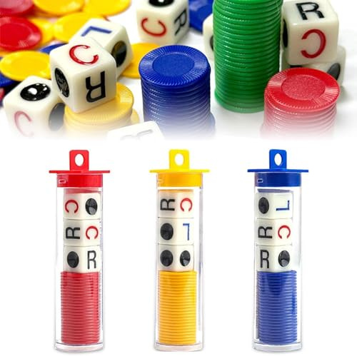 SKJAXF 3 Tubes Left Right Center Dice Game, 3 Color Interactive Toy 6 Sided Round Corner Dice Set Fun Games with 9 Dices + 72 Chips for Family Camping Game