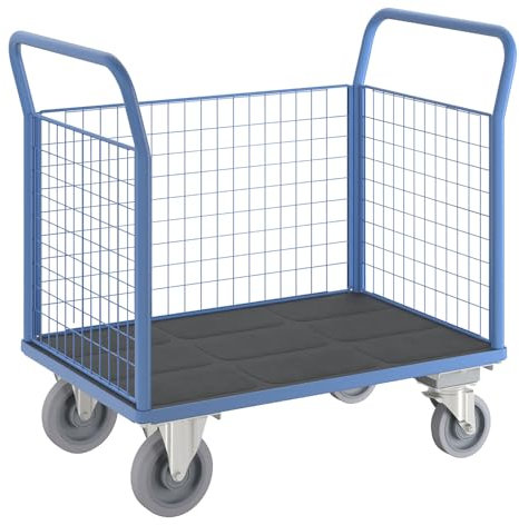 eurokraft | Plattformwagen | 3 hohe Gitterwände | mit Zentralstopp | LxB 1150 x 700 mm