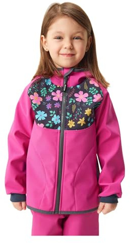 unuo Softshelljacka för barn med fleecefoder och huva, vattenavvisande och vindtät utomhus full dragkedja funktionell jacka, ventilerande barnjacka BASIC, Fuchsia blommor, 122-128