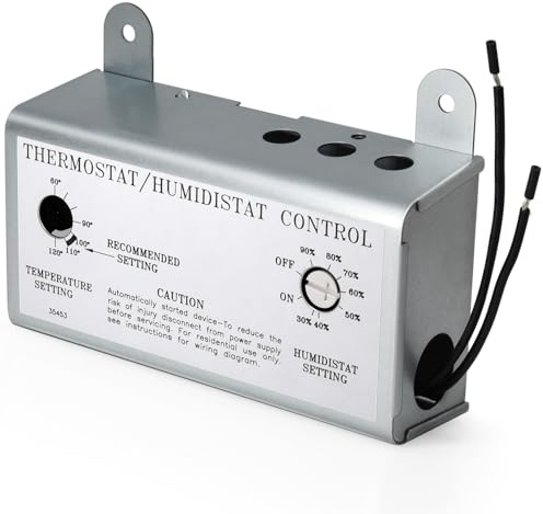 Hiorucet Attic Fan with Thermostat Humidistat Controller, Adjustable Temperature Humidity Controller for Workshops Greenhouses Garages, Attic Ventilator Fan Thermostat Humidistat Control Box