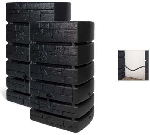 Kreher XXL Regentonne 2er-Set Wassertonne Stein-Optik (500 L, Anthrazit) | Regenwassertank aus Kunststoff, jede Tonne mit Wasserhahn und Verbindungsstück, für die Regenwassersammlung im Garten