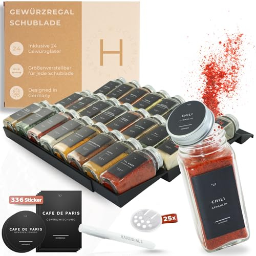 Havenhaus Gewürzgläser Set mit Regal | Gewürzregal Schublade inkl. 24 Gewürzgläser& 336 Gewürzetiketten | Gewürz Organizer Schublade verstellbar& passend für alle Schubladen | Gewürzeinsatz Schublade