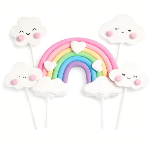 Rainbow Cake Topper Set – 5 Pcs Cute Pink Rainbow Cake Decorations for Girls Birthday Baby Shower Wedding Party Supplies – Colourful Cake Toppers for Girls and Kids Celebration