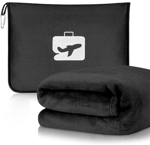 WUWENY Manta de viaje almohada 2 en 1, manta de viaje para avión y coche, manta de viaje ultraligera para viajes, oficina, hogar, viajes de negocios, 152 x 127 cm/540 g (negro)