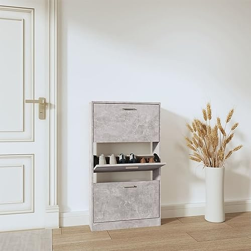 Qnhdfrt Scarpiera sottile e alta, grigio cemento, 59 x 17 x 108 cm, in legno con 3 scomparti ribaltabili, organizer moderno per scarpe, salvaspazio, per corridoio, ingresso e soggiorno