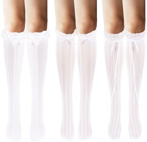 Mikovivi 3 Paia di Calzini Oktoberfest da Donna, Top in Pizzo Bianco Alto Fino alla Coscia con Calze a Fiocco Calzini Lunghi Bianchi Lolita per Cosplay Abiti da Studentessa Lolita