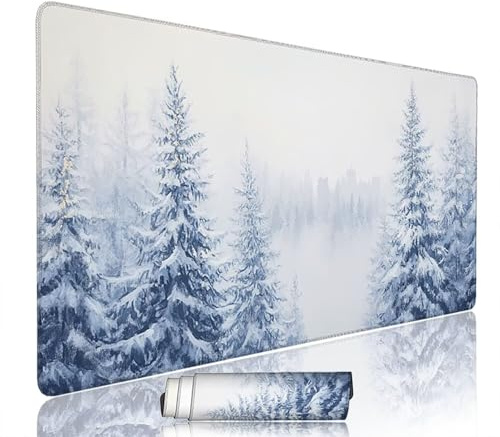 Tapis de Souris Blanc sous Main Bureau Tapis de Souris Gaming XXL 1400x600x3mm Mouse Pad Caoutchouc Scène Neige Grand sous Main Gamer Accessoires PC Antidérapant et Imperméable, pour Clavier w-7764