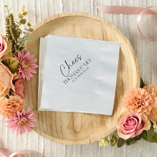 Personalisierte Hochzeits-Cocktail-Papierservietten – individuelle Monogramm-Hochzeitsservietten, individuell bedruckte Lunch-Dekoration, Serviette mit Namen und Datum, Verlobungsdekoration
