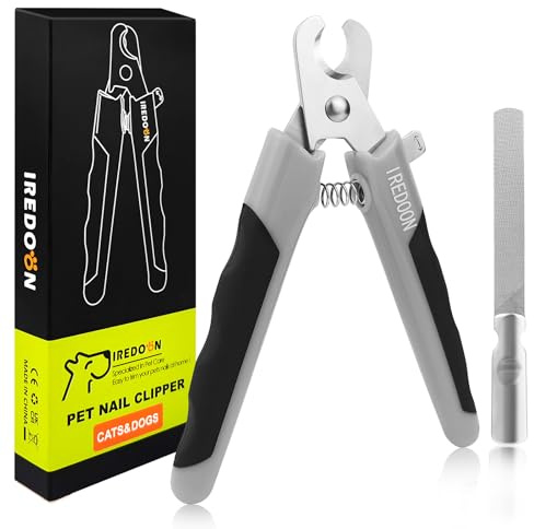 IREDOON Cortaúñas y recortadores de uñas para perros con lima de uñas, cuchillas profesionales de acero inoxidable 4CR13 ultra afiladas para razas pequeñas, medianas y grandes (gris)