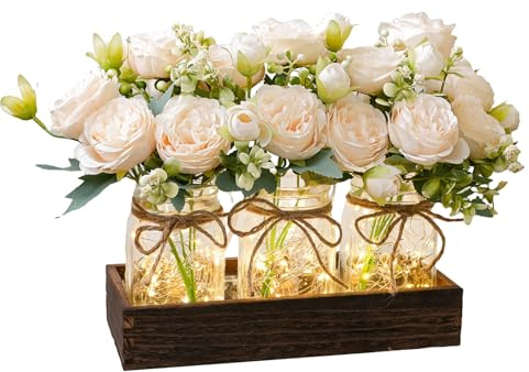SUNNY BROOK 3PCS Artificial Spring Flowers in Mason Jars with Rustic Wood Tray, Fake Floral Centerpiece, Faux Silk Peony for Farmhouse Home Spring Décor Kitchen Coffee Table Arrangement, Champagne