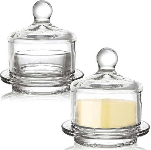 2 Pack Glass Butter Dishes with Lid, Small Round Keeper with Dome Lid | Clear Butter Serving Container with Cover, Round Crystal Mini Butter Cloche for Candy, Dessert, Spread