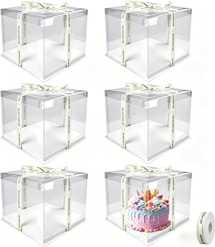 Xygobla 6 PCS Clear Cake Box 8 Inch with Ribbon