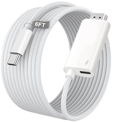 Cavo Apple USB-C a HDMI 8K a 60Hz per iPhone 17 16 15 Series, 1,8 m, cavo intrecciato in nylon ad alta velocità da tipo C a HDMI 2.1 con porta di ricarica PD da 100 W per MacBook Pro/Air, iPad Pro