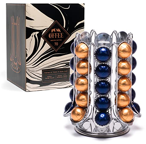 Peak Coffee Capsule Holder for 70 Nespresso Vertuo Vertuoline Pods - 40 Displayed on Outer with 30 Inside Carousel – Capsules Pod Storage Organiser 360° Rotating Rack Stand – Chrome