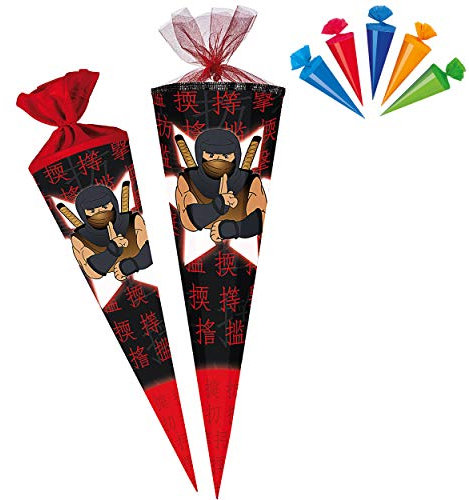 Set Schultüte + 5 kleine Zuckertüten - Ninja Kämpfer - Samurai - 85 cm - 6 eckig - Tüllabschluß - Zuckertüte - mit/ohne Kunststoff Spitze - Nestler - Jung..