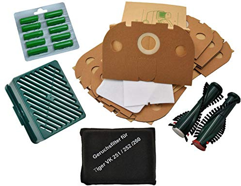 10 Staubsaugerbeutel + Aktivfiltersystem + Bürsten + 10 Duft | kompatibel mit Vorwerk Tiger 251 252, EB 350, 351