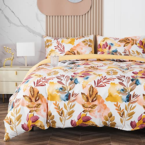 Funda Nordica Floral Multicolor Microfibra para Cama 80/90, Patrón Otoño Ramas y Hojas Funda Edredon 135x200 cm y 1 x Funda de Almohada de 50x70 cm Suave Fundas Nórdicas Mostaza Amarilla