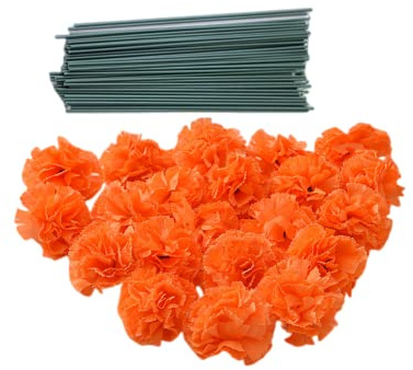 Rikyo Lot de 50 œillets en soie artificielle orange avec tiges, têtes de fleurs de tournesol, remplissage de vase, têtes de fleurs pour la décoration Diwali à la maison, Jour des Morts, couronne
