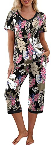 PrinStory Womens Pyjamas Set Short Sleeve T Shirt and Capri Pants Loungewear Sleepwear Pjs Sets with Pockets