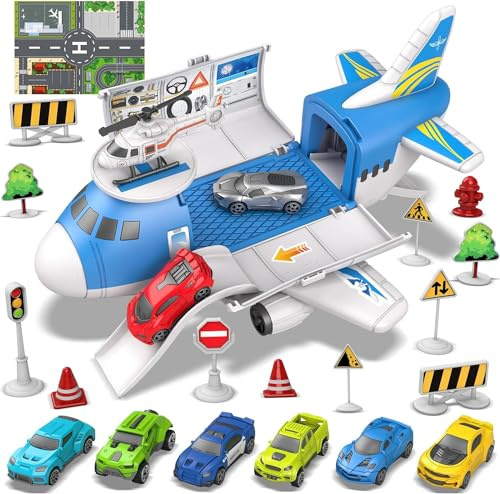 kramow Jouet Enfant 3 Ans Garçons, Voiture Jouets, 21 en 1 Avion Jouet avec Carte et Panneau de signalisation, Véhicules pour Enfants Garçon Fille, Cadeau de Noël