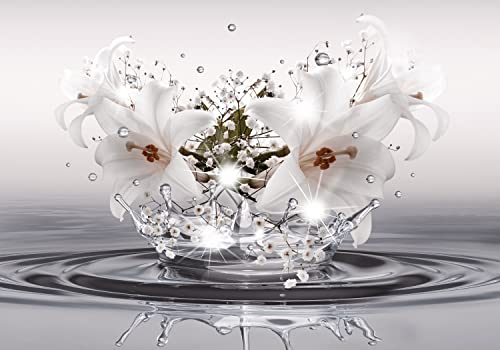 decomonkey Premium Fototapete Diamant Blumen 250x175 cm Tapete Fototapeten Vlies Tapeten Vliestapete Wandtapete moderne Wand Wandbild Schlafzimmer Wohnzimmer Lilien Grau 3D Effekt Abstrakt Tropfen