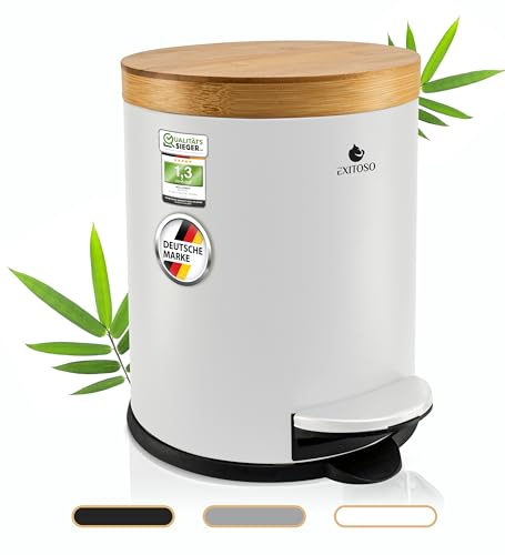 Exitoso Pattumiera da bagno da 5 l, colore bianco, con coperchio in legno di bambù e abbassamento automatico, con cuscinetto antiscivolo, pattumiera a pedale in acciaio inox, cestino per la spazzatura