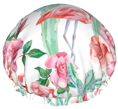 Wasserdichte Duschhaube mit Kaktus-Flamingo-Rosenblumen-Druck, doppellagige wasserdichte Duschhaube, wiederverwendbare Duschhaube