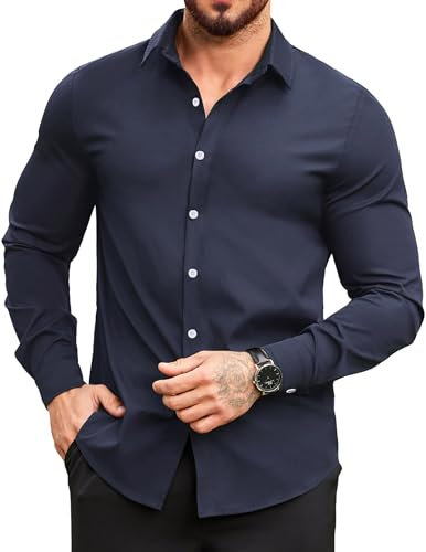 COOFANDY Mens Shirts Long Sleeve Dress Smart Casual Business Formal Slim Fit Non Iron Button Down Shirt Dark Blue XL