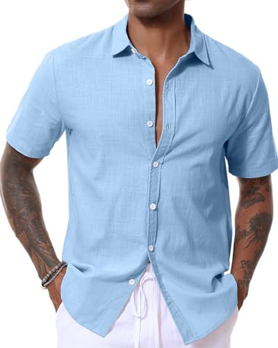 LVCBL linneskjorta herr kortärmad sommarskjorta fritidsskjorta lätt strandskjorta normal passform M-3XL, blå, XXL
