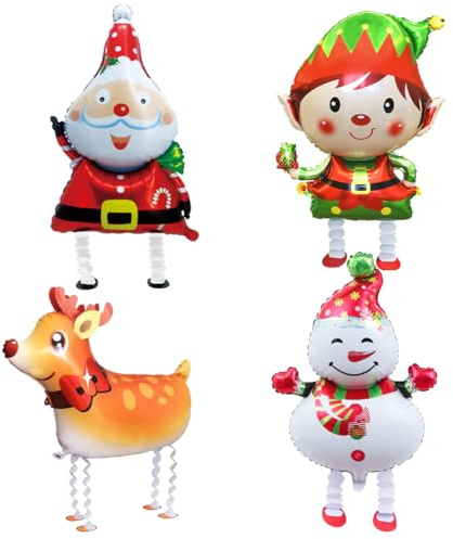 4 Stück XXL Weihnachtsdeko Ballon - Walking Folienballons mit Weihnachtsmann, Rentier, Schneemann, Elfen - Airwalker Ballon für Party Deko