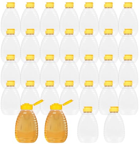 Hyuetrsa 32 Pcs 8.8 oz Clear Plastic Honey Bottles, Empty Honey Bottles with Caps Plastic Skep Style Jar Refillable Honey Containers,Leakproof Honey Containers Holders for Storing Dispensing,Yellow