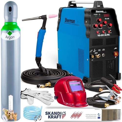 Sherman TIG 201 AC/DC - HF-Zündung WIG Schweißgerät AC DC mit 4m SR26 WIG-Schweißbrenner und präzise Steuerung - Profi Schweißgerät für Aluminium mit MMA-Schweißmodus - Set: ProfessionalPlus